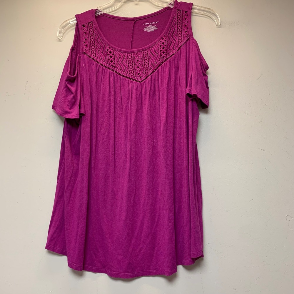 Lane Bryant Cold Shoulder Top Womens 14/16 Magenta Excellent Crochet Boho A83849